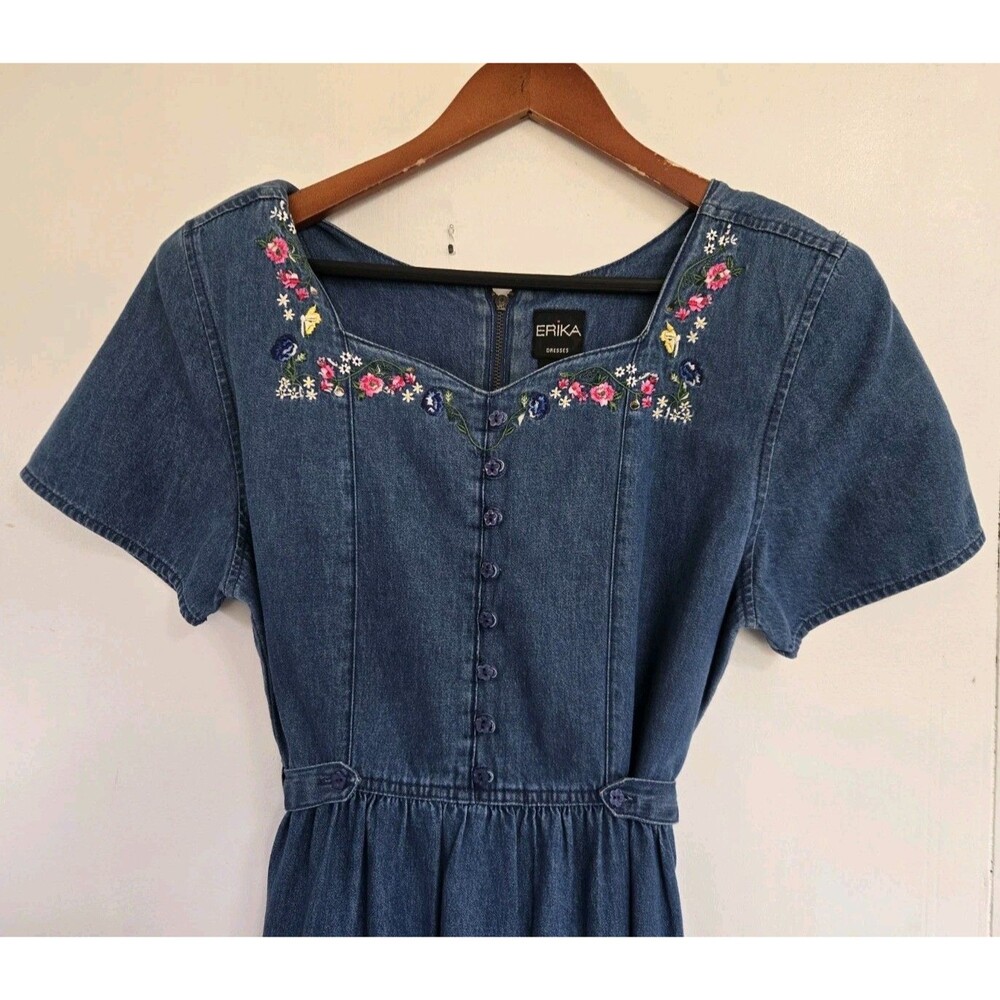 VTG Erika Dress Womens M Y2K 90s Denim Flower Blue Cottagecore Teacher Retro - Picture 2 of 7